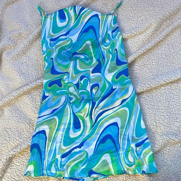 Satin mini dress/ bikini/swimsuit cover up green blue and white - Picture 2 of 3